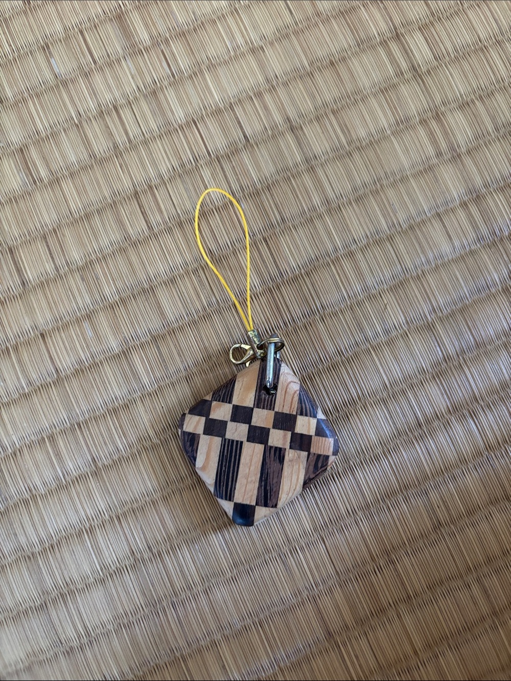 Handcrafted Checkered Wood Charm Phone Strap in Natural & Brown